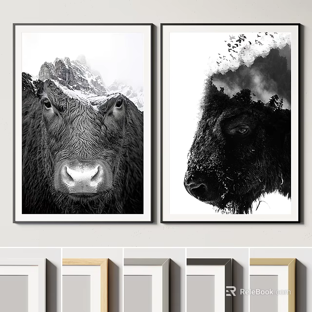Black And White Bull Head Wall Art With Mountain Background Decor 3d model 