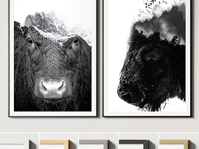 Black And White Bull Head Wall Art With Mountain Background Decor 3d model