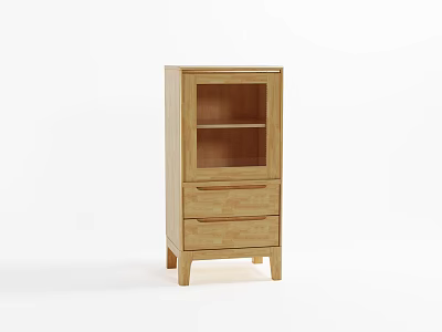 Light Wood Cabinet With Glass Door Display Shelf And Drawer Storage 3d model