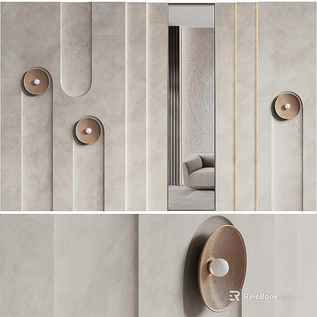 Elegant Modern Sofa Background Wall With Textured Panels And Round Decorative Lights 3d model 