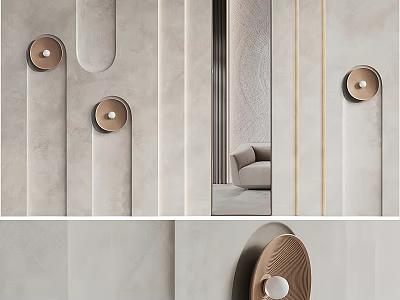 Elegant Modern Sofa Background Wall With Textured Panels And Round Decorative Lights 3d model
