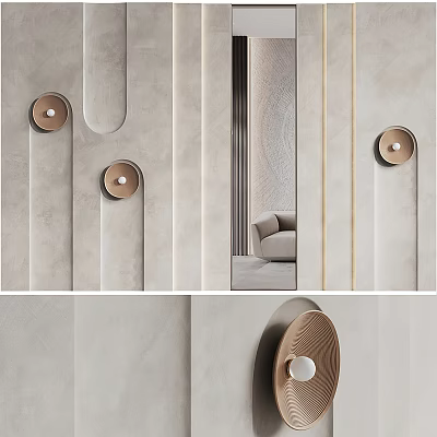 Elegant Modern Sofa Background Wall With Textured Panels And Round Decorative Lights 3d model