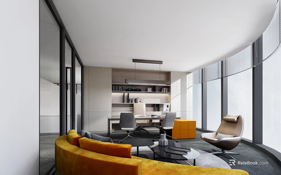 Modern Office Interior Design With Sofa Area Desk Bookshelf And Large Windows 3d model