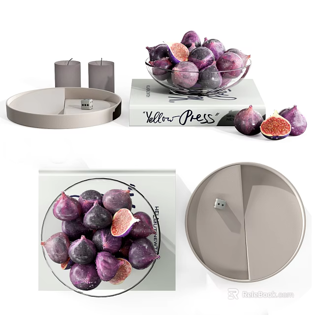 Fresh Purple Figs Halved And Whole In Glass Bowl With Books And Ceramic Plate 3d model 