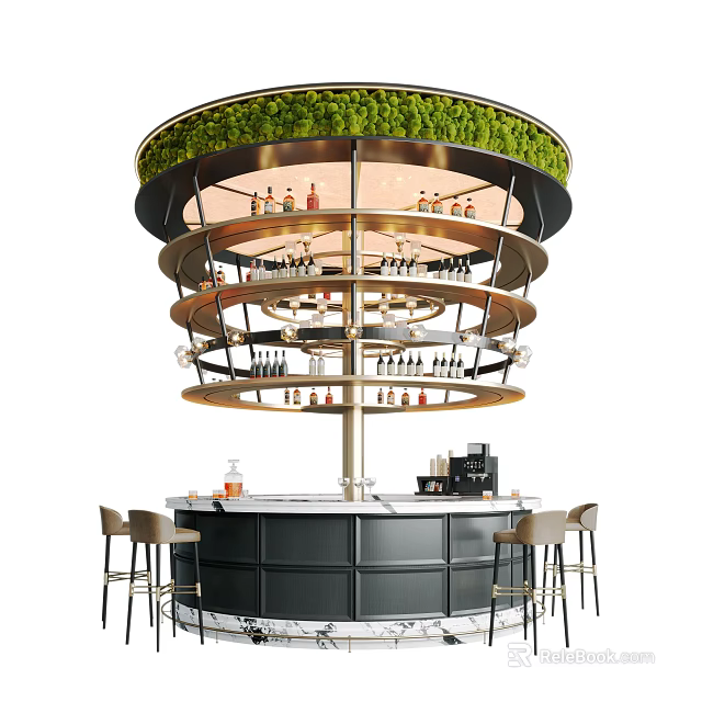 Modern Circular Bar Design With Multi Tiered Shelves Holding Wine Bottles Greenery Top And Stools 3d model 