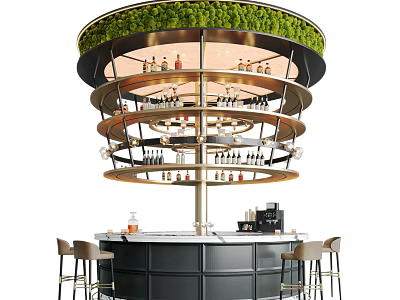 Modern Circular Bar Design With Multi Tiered Shelves Holding Wine Bottles Greenery Top And Stools 3d model