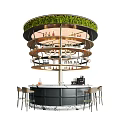 Modern Circular Bar Design With Multi Tiered Shelves Holding Wine Bottles Greenery Top And Stools