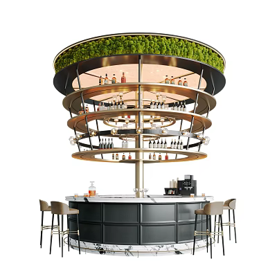 Modern Circular Bar Design With Multi Tiered Shelves Holding Wine Bottles Greenery Top And Stools 3d model