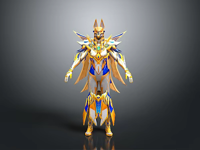 Mythical Winged Character In Gold And Blue Armor With Egyptian Fantasy Creature Details 3d model