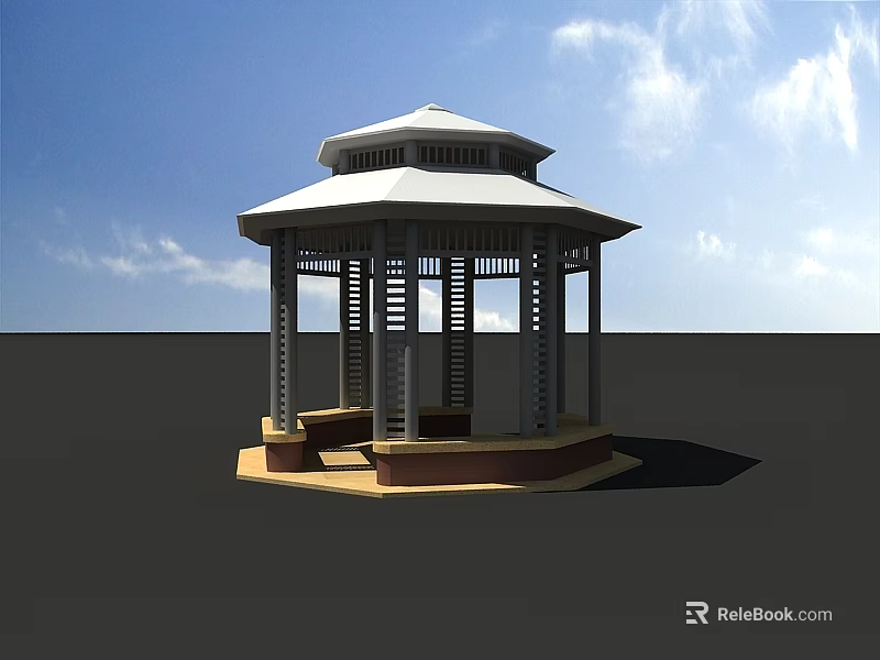 Octagonal Gazebo With White Roof Wooden Columns And Benches Under Blue Sky With White Clouds 3d model 