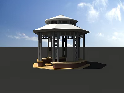 Octagonal Gazebo With White Roof Wooden Columns And Benches Under Blue Sky With White Clouds 3d model