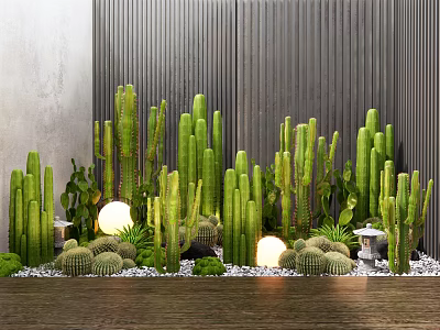 Various Cactus Bonsai Potted Plants with Small Stones Decorative Lanterns and Illuminated Lights 3d model