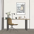 Minimalist Desk Interior With Wooden Chair Table Lamp Clock Books And Colorful Dot Wall Art