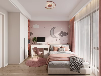 Cozy Kids Room Interior With Pink Walls Moon Cloud Patterns Star Ceiling Light Bed And Desk 3d model