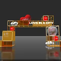 Love In A City Themed Decorative Display With Golden Frames And Red Heart