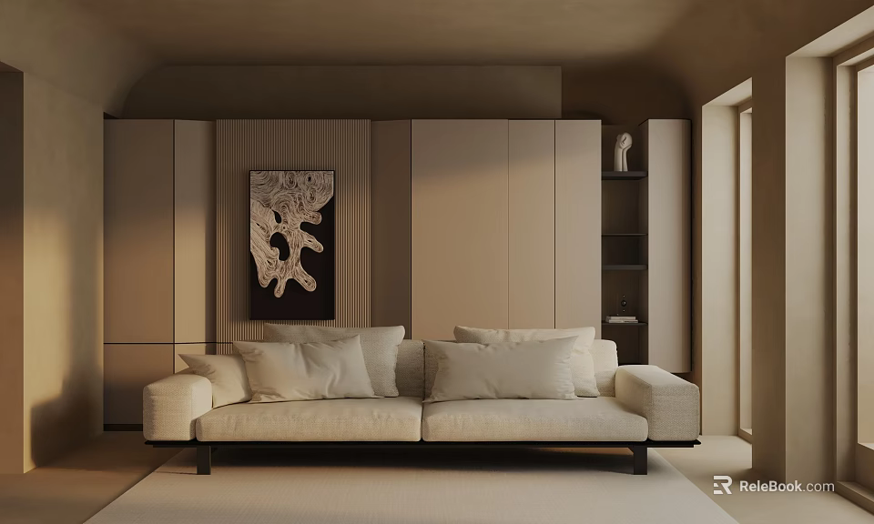 Beige Three-Seater Sofa In Warm Toned Room With Beige Cabinets Decorative Art And Rug 3d model 