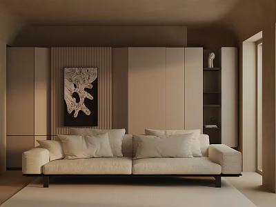 Beige Three-Seater Sofa In Warm Toned Room With Beige Cabinets Decorative Art And Rug 3d model