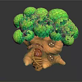 Cute Cartoon Tree House Scene With Green Mushroom Leaves Brown Trunk Wooden Door Round Windows