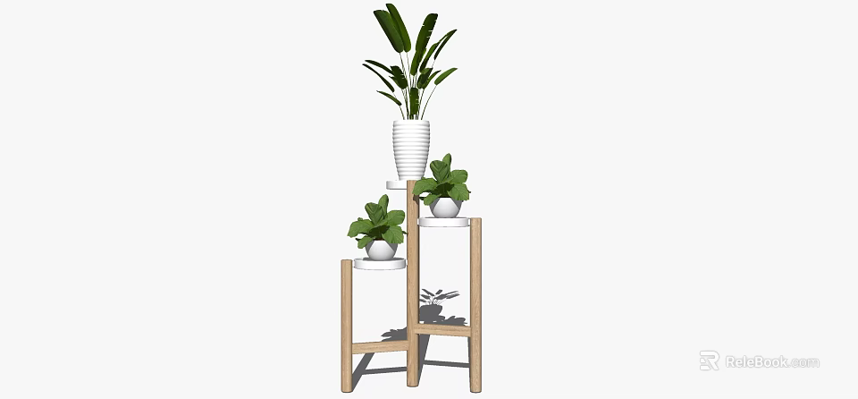 Decorative Potted Plants On Wooden Tiered Stand With Green Leaves For Home 3d model 