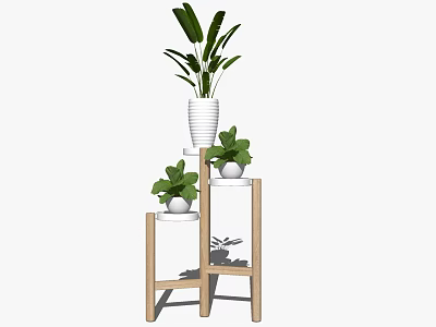 Decorative Potted Plants On Wooden Tiered Stand With Green Leaves For Home 3d model