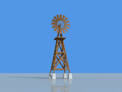 Wooden Windmill Structure With Metal Blades And White Base Against Blue Sky 3d model