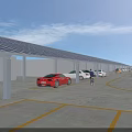 Solar Panel Covered Modern Parking Lot With Parked Cars Yellow Lines And People