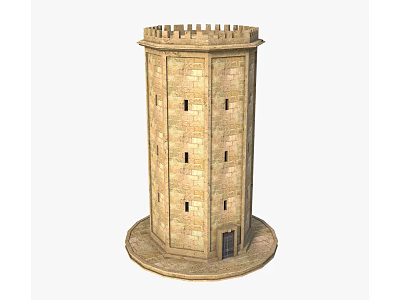 Ancient Stone Tower Featuring Crenellated Top Narrow Windows And Circular Base 3d model