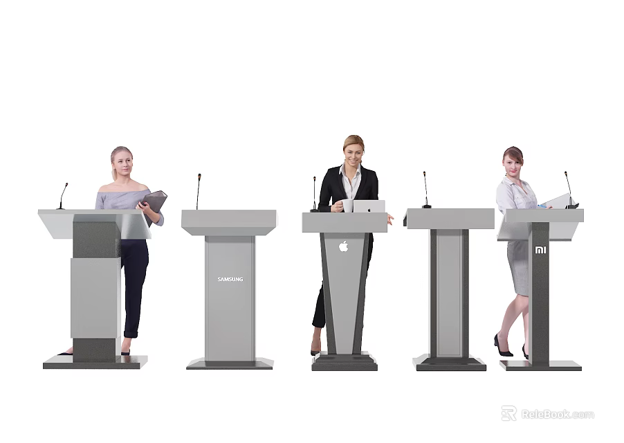 Three Female Speakers Standing at Modern Podiums During Presentation Session 3d model 