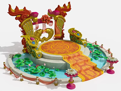 Cartoon Scene With Dragon Decorations Round Platform Lotus Pond And Lanterns 3d model