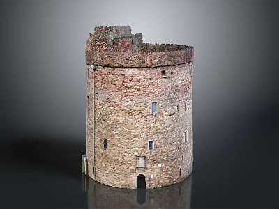 Ancient Round Stone Brick Tower With Ruined Top Small Windows And Doorway 3d model