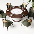 Six Green Upholstered Dining Chairs With Wooden Legs Around Round Walnut Top Table And Large Plant