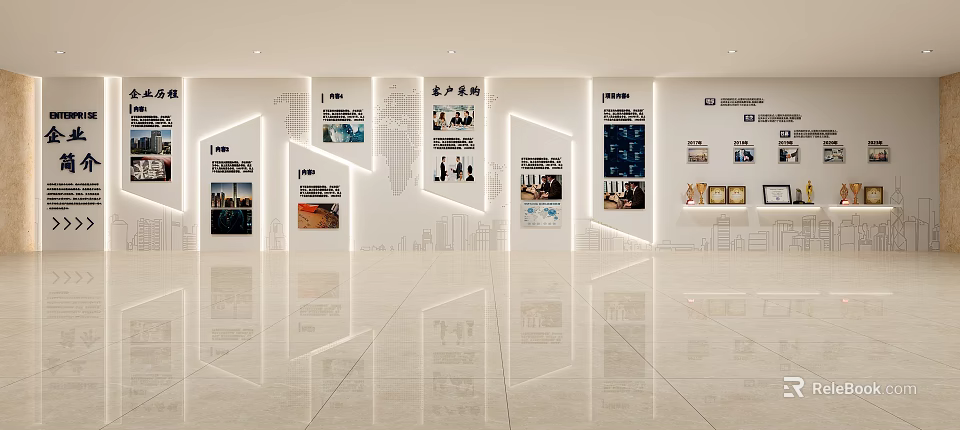 Modern Service Hall Interior With Illuminated Display Walls And Information Panels 3d model 
