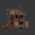 Cartoon Scene of Wooden House with Blue Roof Windows Barrel Wheel Tools Grass Stone Foundation