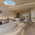 Modern Bedroom Interior Featuring Round Bed Skylight Moon Decor Plants And TV