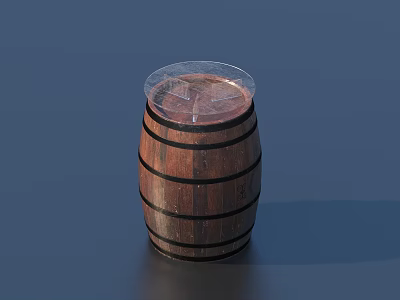 Rustic Wooden Barrel Shaped Bar With Black Hoops And Transparent Lid On Dark Background Surface 3d model