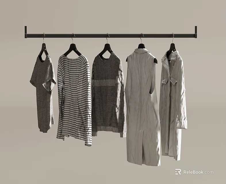 Row of Clothes Hanging on Hangers with Various Styles Striped Patterns and Gray White Tones 3d model 