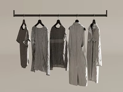 Row of Clothes Hanging on Hangers with Various Styles Striped Patterns and Gray White Tones 3d model