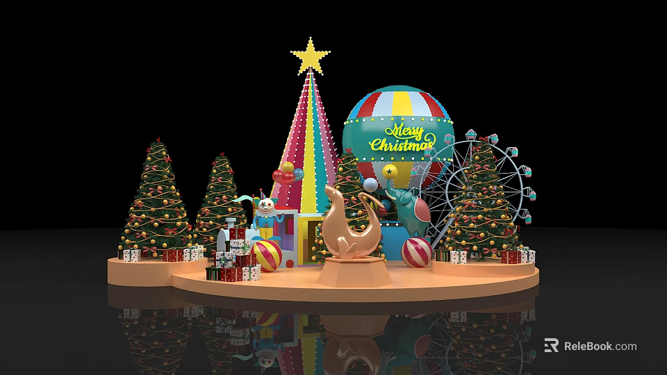 Festive Christmas Decoration Scene With Colorful Hot Air Balloon Ferris Wheel And Gift Boxes 3d model 