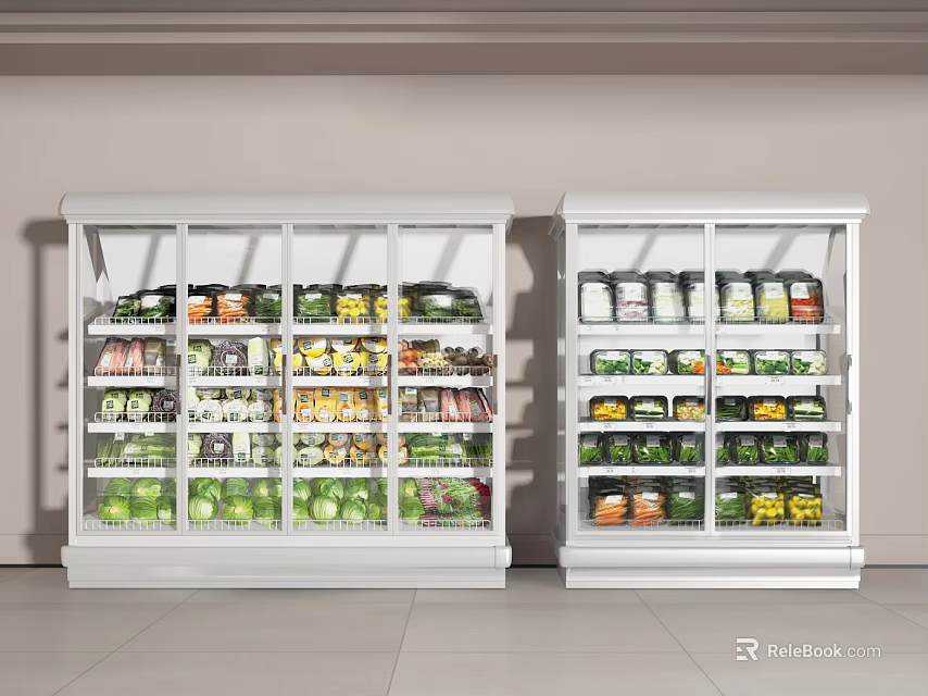 Two White Refrigerated Display Cases With Glass Doors Filled With Bottled Boxed Foods Vegetables Drinks 3d model 