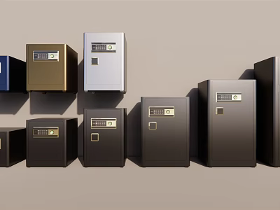 Various Colored Safe Boxes In Different Styles Arranged For Display Collection 3d model