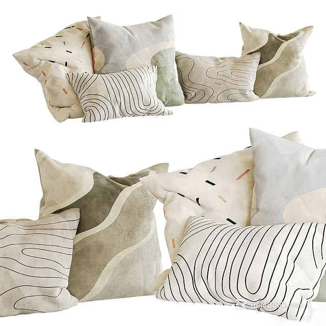 Minimalist Modern Throw Pillows With Striped Wavy Patterns And Neutral Tones 3d model 