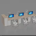 Modern Office Desk Workstation With White Ergonomic Chairs Computer Monitors And Storage Drawers