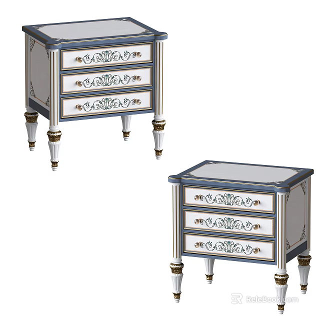 Classic Ornate Nightstand With Carved Drawers White Blue And Gold Accents Decorative Legs 3d model 
