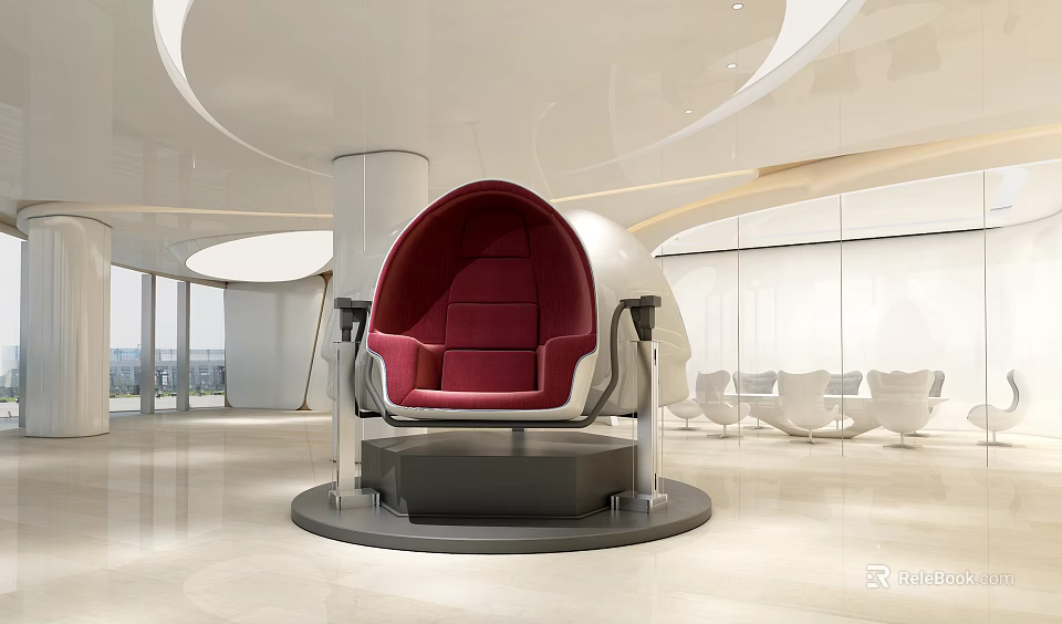 Red Egg Shaped Chair In Modern Spacious Lobby With White Furniture 3d model 