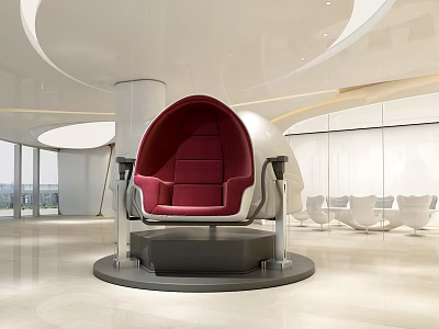 Red Egg Shaped Chair In Modern Spacious Lobby With White Furniture 3d model