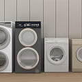 Various Styles And Colors Washing Machines Arranged Side By Side Against Wooden Wall And Floor
