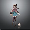 Cat Ear Girl With Pink Hair In Blue Outfit And Small White Round Creature