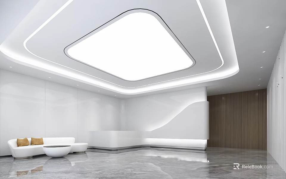 Modern Front Desk Reception Interior With Stylish Counter Sofa Area And Lighting 3d model