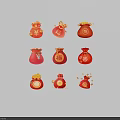 Traditional Red Fortune Bags With Fortune Characters Yen Symbols And Gold Coins