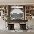 Traditional Chinese Tea Room Interior With Circular Landscape Painting Bookshelves And Stools With Red Cushions